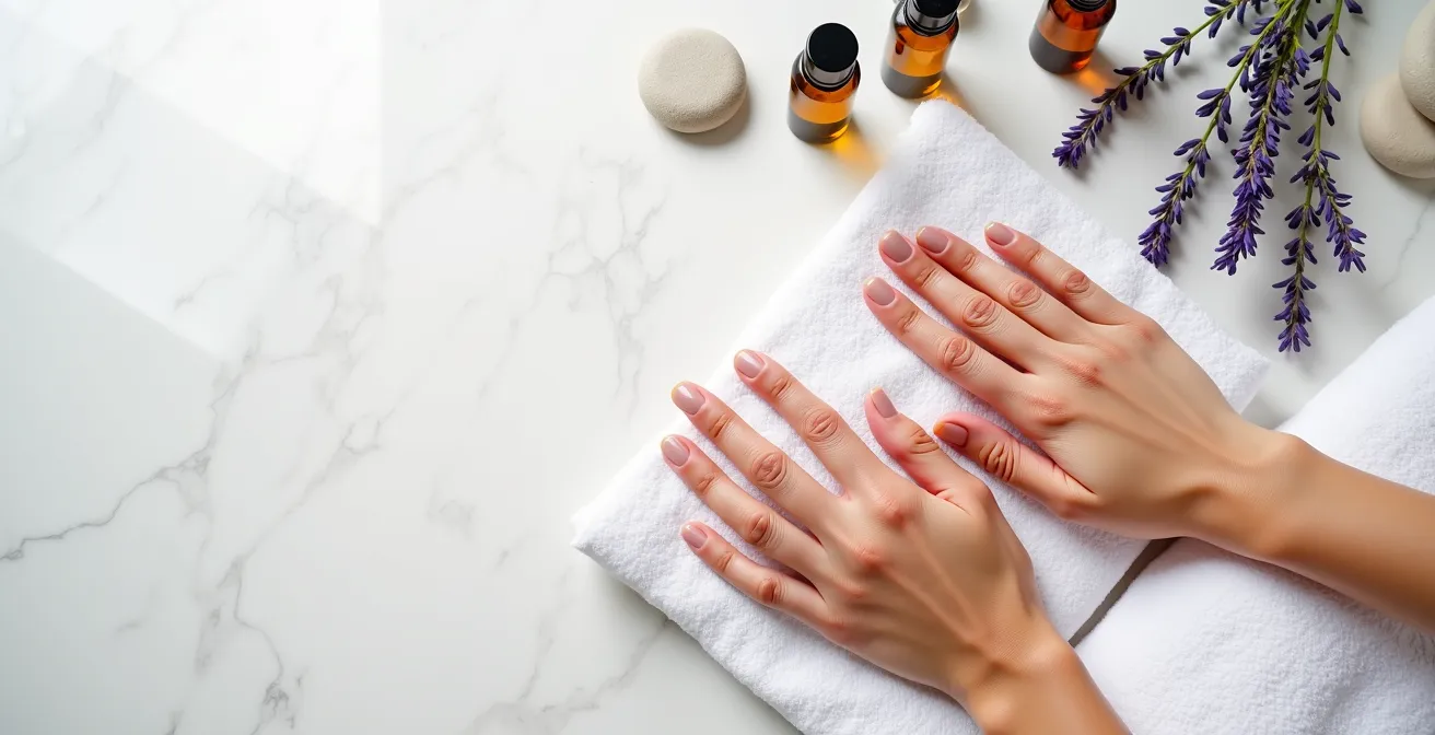 Ongles naturels recevant des soins régénérants avec huiles nourrissantes
