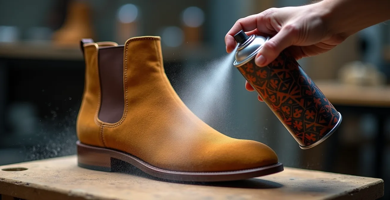 Main tenant un spray imperméabilisant à distance d'une bottine en daim beige