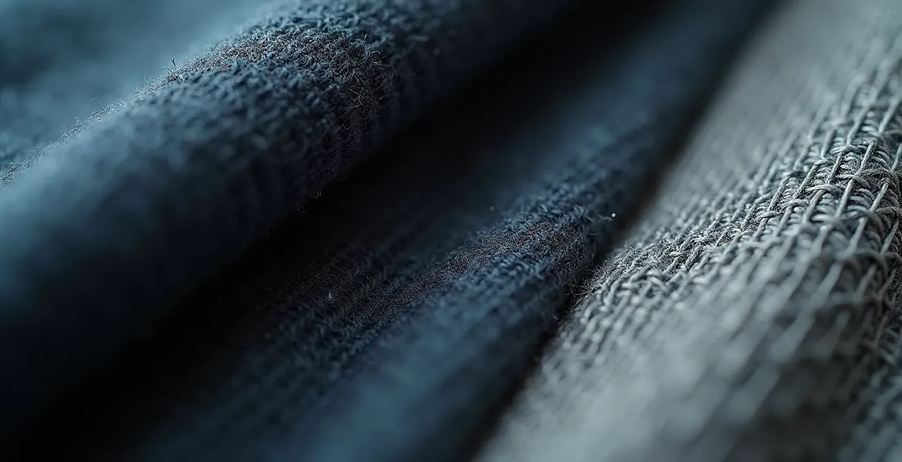 Détail rapproché d'un contraste de textures entre la laine d'un blazer et le coton d'un sweat à capuche dans un style vestimentaire urbain.