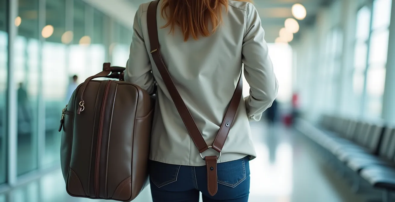 Démonstration de la technique du porté croisé inversé avec un sac de voyage en cuir
