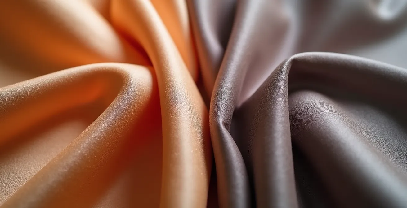 Vue macro de doigts effleurant deux textures de tissus différentes, soie naturelle et satin synthétique