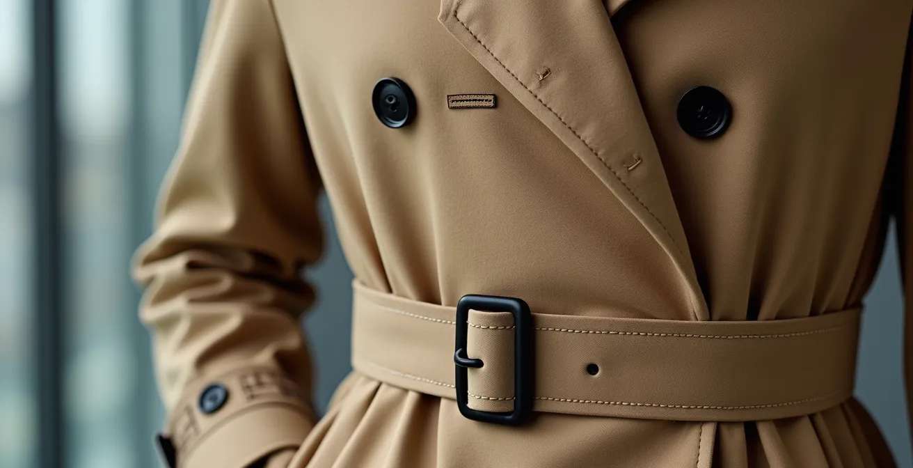 Gros plan sur les détails structurants d'un trench beige porté avec assurance