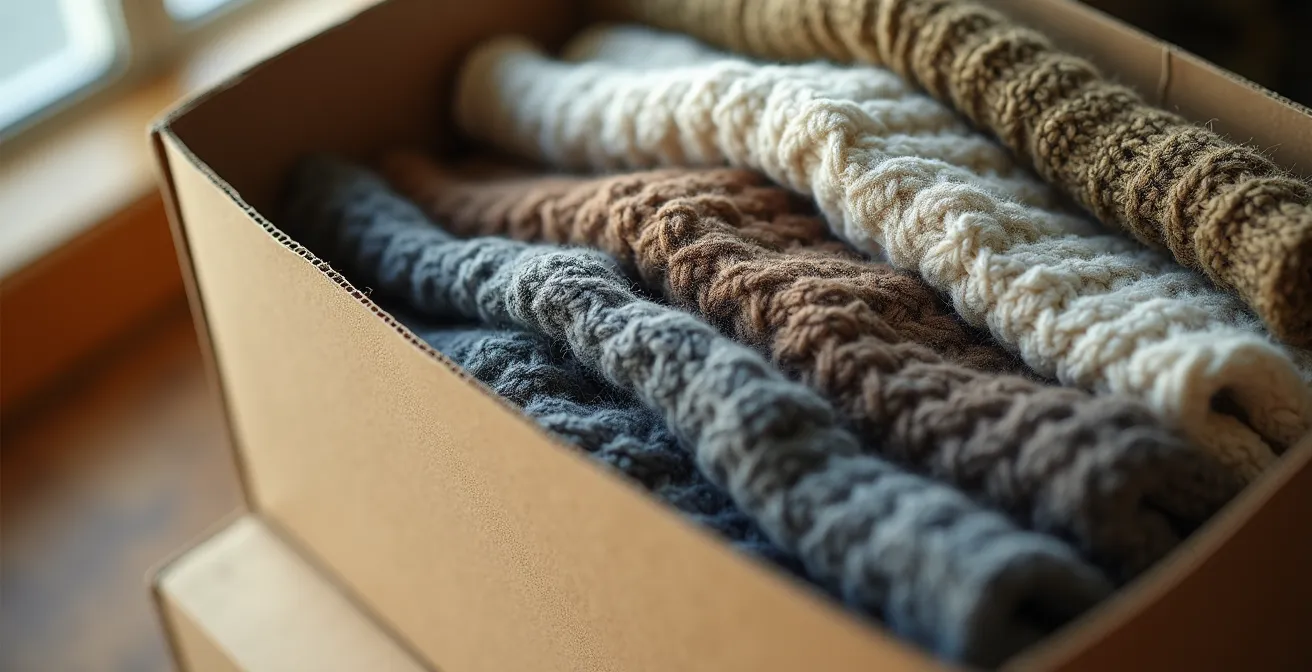 Vue macro de vêtements soigneusement pliés dans une boîte en carton kraft, éclairage naturel doux