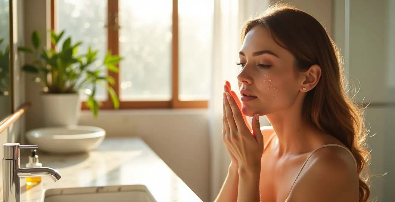 Application matinale de vitamine C avec protection solaire en synergie pour une protection optimale.