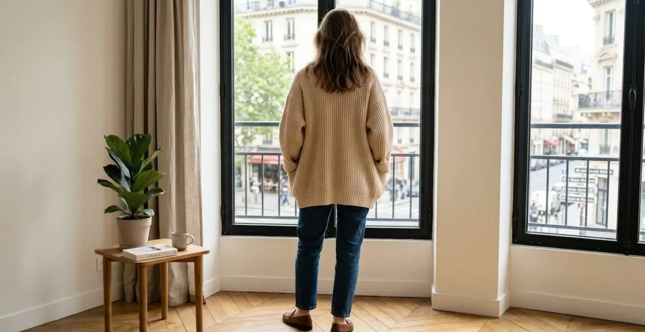 Une femme vue de dos porte un gilet oversize beige à larges côtes dans un appartement parisien contemporain baigné de lumière naturelle