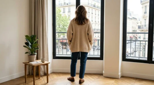 Une femme vue de dos porte un gilet oversize beige à larges côtes dans un appartement parisien contemporain baigné de lumière naturelle