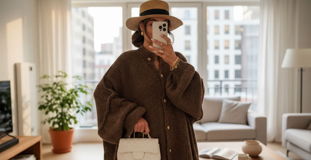 Un intérieur français contemporain avec un gilet oversize beige drapé sur un fauteuil moderne près d'une grande fenêtre diffusant une lumière douce