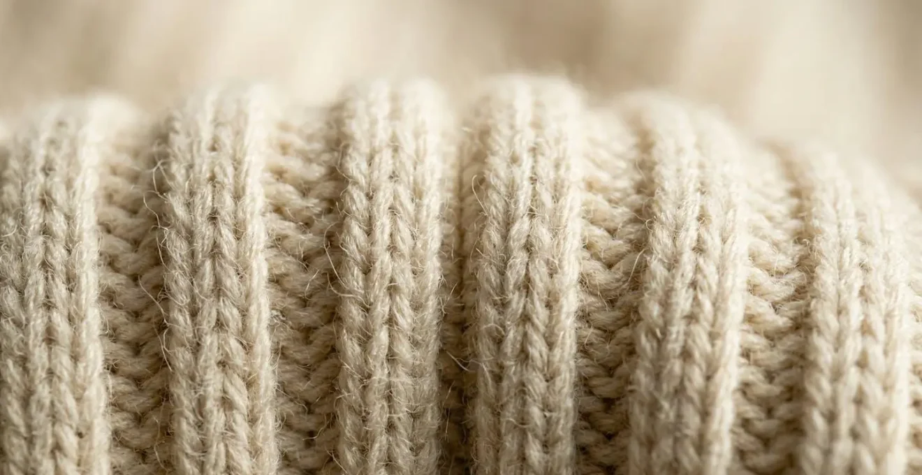 Gros plan sur la texture d'une maille à larges côtes révélant la structure dense du tricot avec une lumière rasante créant des ombres